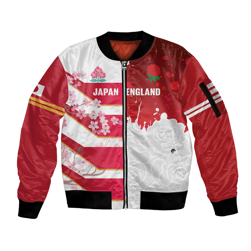 Japan and England Rugby Custom Sleeve Zip Bomber Jacket Brave Blossoms Red Roses Together LT14 Unisex Red - Polynesian Pride