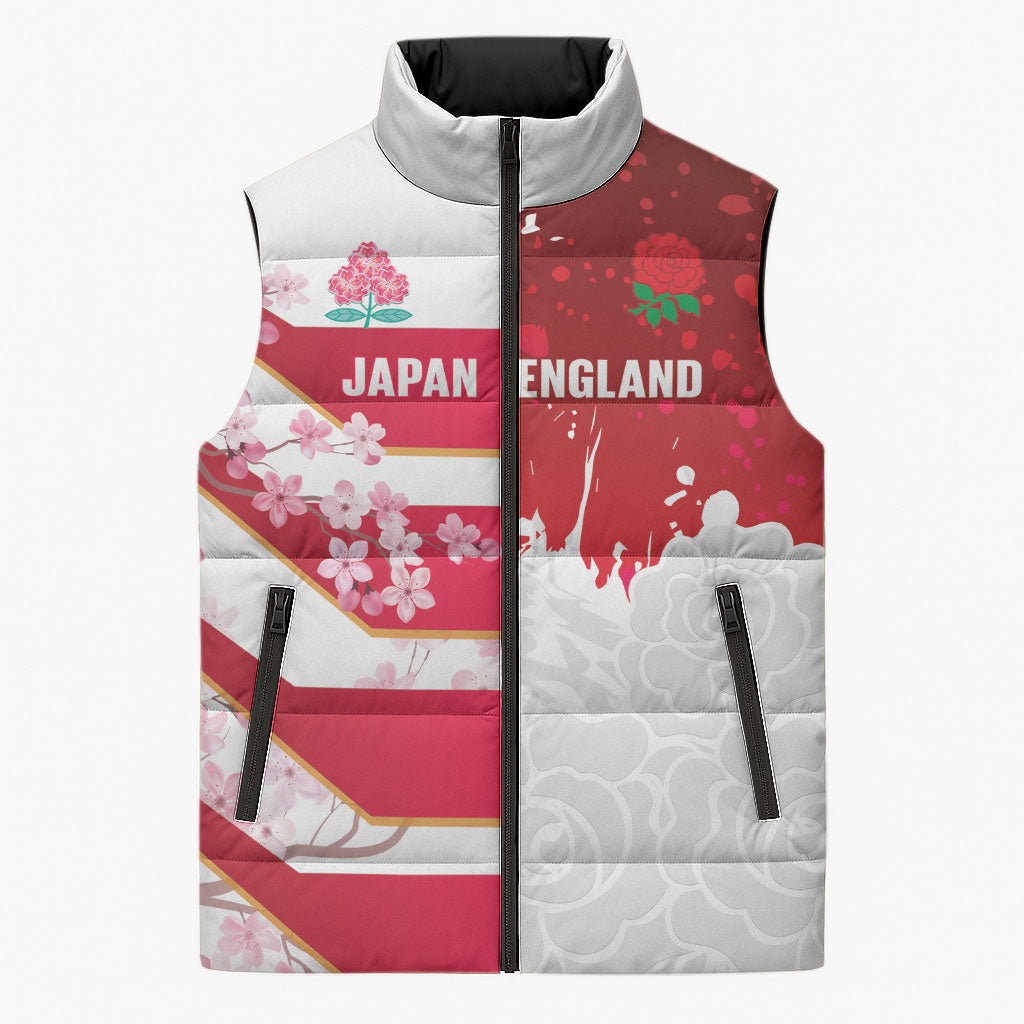 Japan and England Rugby Custom Sleeveless Puffer Jacket Brave Blossoms Red Roses Together