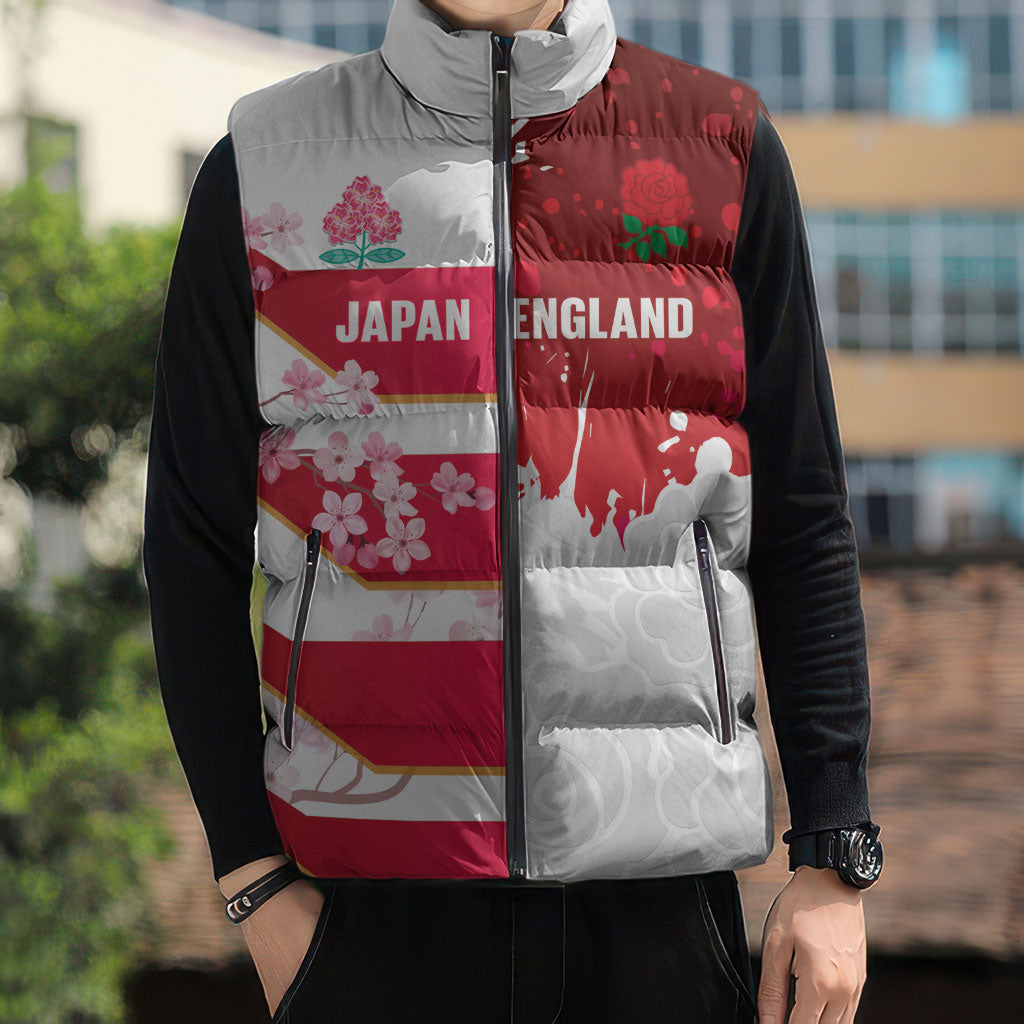 Japan and England Rugby Custom Sleeveless Puffer Jacket Brave Blossoms Red Roses Together
