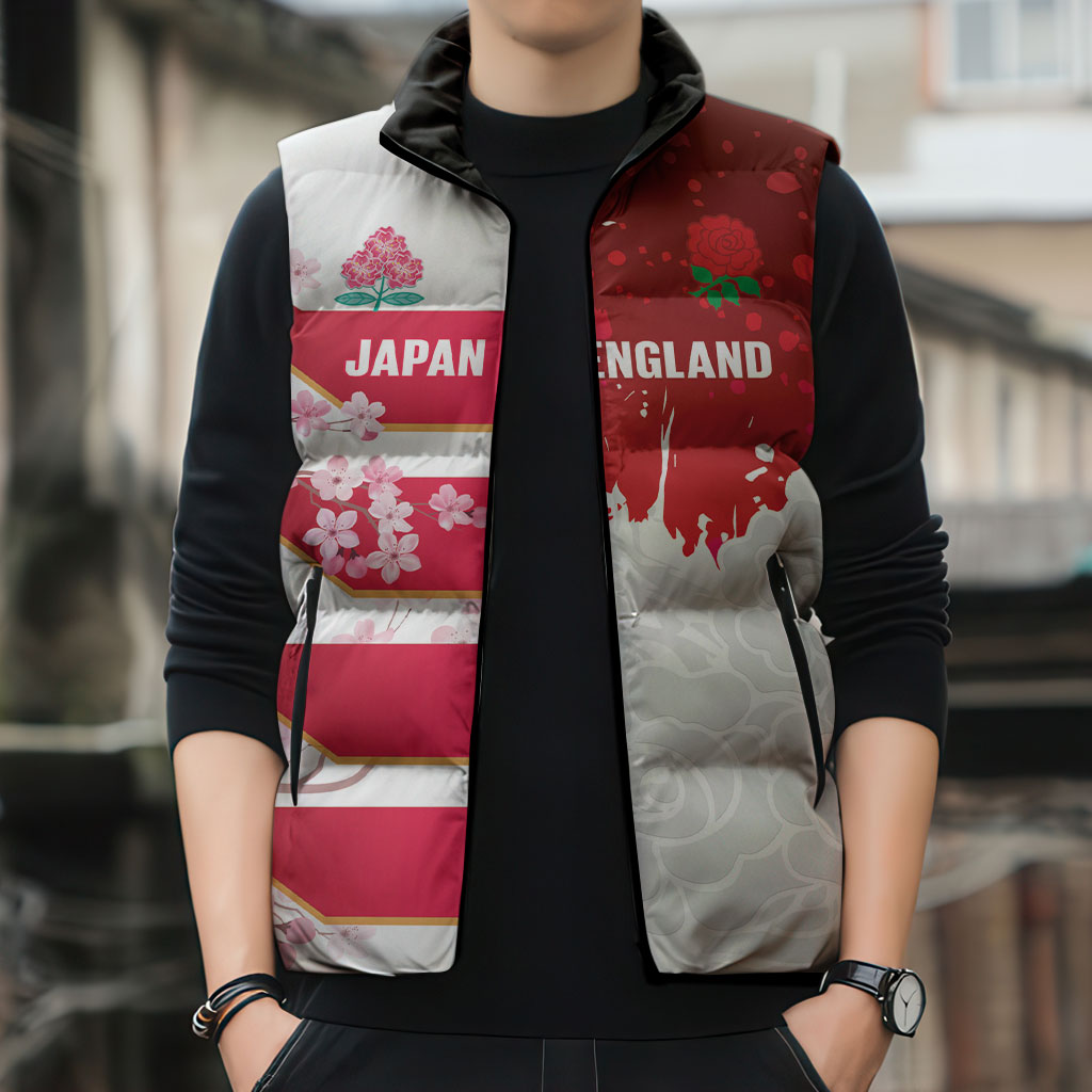 Japan and England Rugby Custom Sleeveless Puffer Jacket Brave Blossoms Red Roses Together