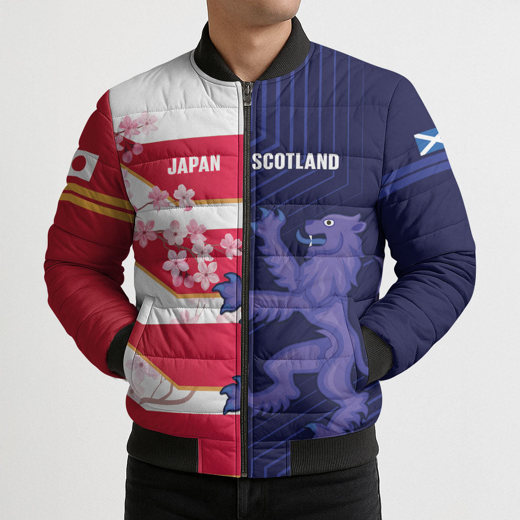 Japan and Scotland Rugby Custom Bomber Puffer Jacket Brave Blossoms Scottish Thistle Together