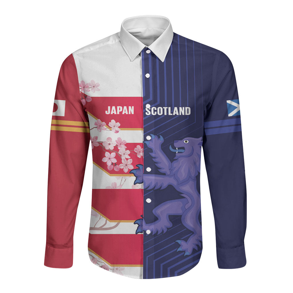 Japan and Scotland Rugby Custom Long Sleeve Button Shirt Brave Blossoms Scottish Thistle Together LT14 Unisex Multicolor - Polynesian Pride