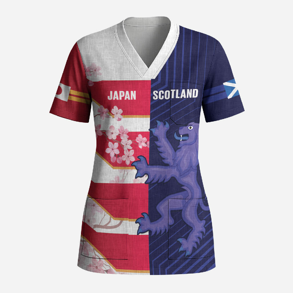 Japan and Scotland Rugby Custom Scrub Top Brave Blossoms Scottish Thistle Together