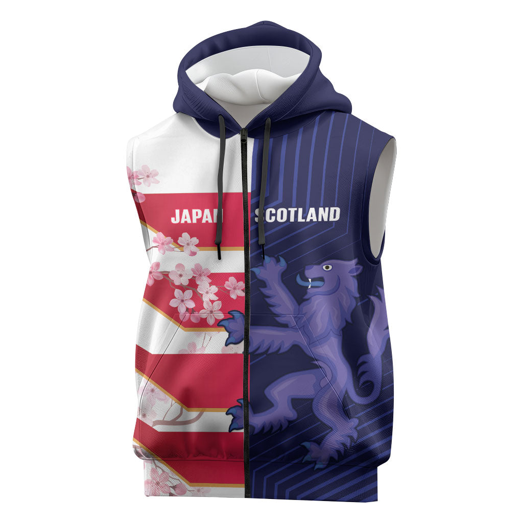 Japan and Scotland Rugby Custom Sleeveless Zip Hoodie Brave Blossoms Scottish Thistle Together LT14 Multicolor - Polynesian Pride