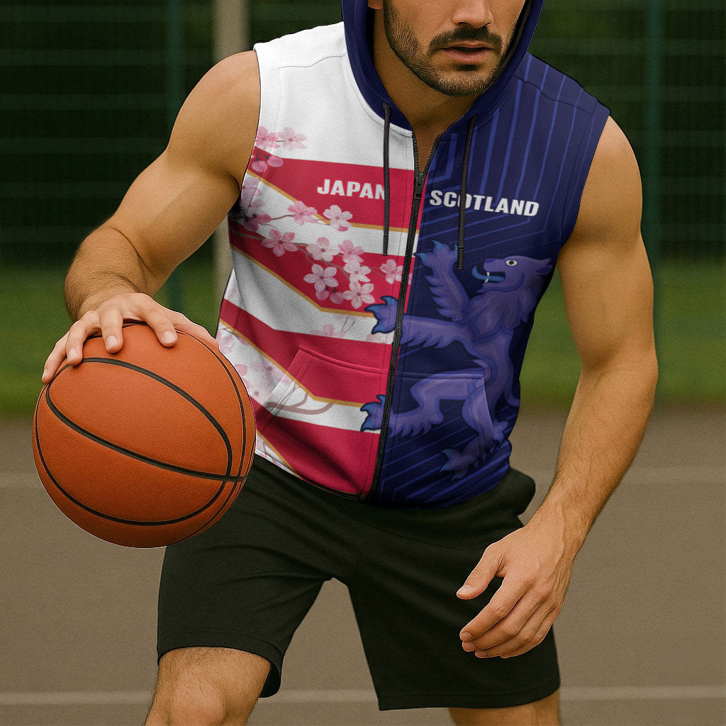 Japan and Scotland Rugby Custom Sleeveless Zip Hoodie Brave Blossoms Scottish Thistle Together LT14 - Polynesian Pride
