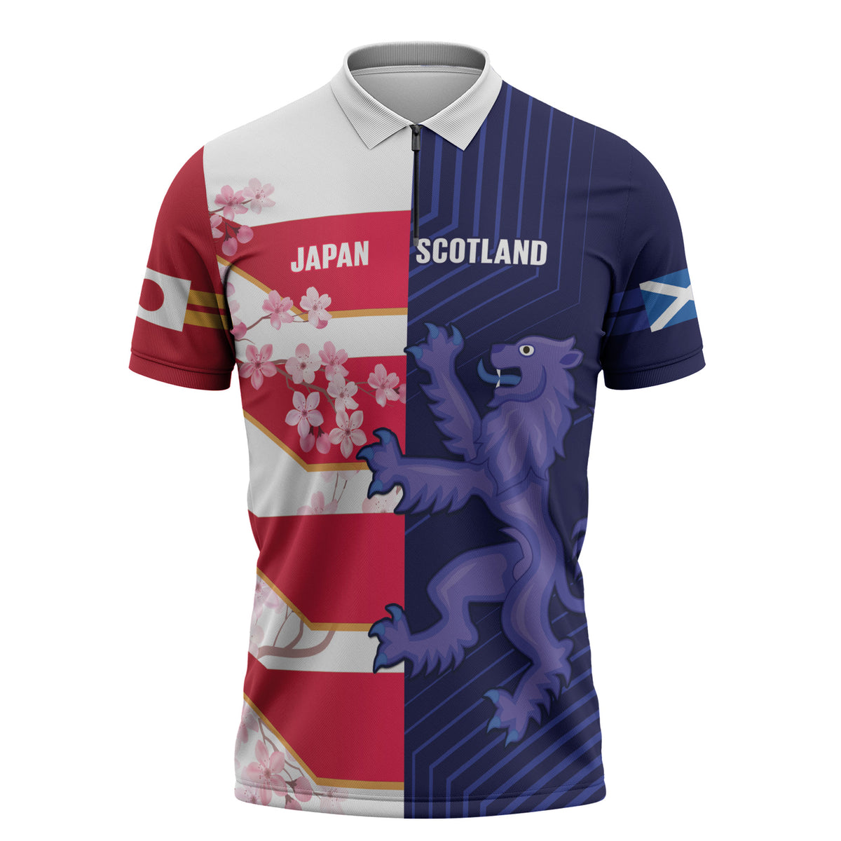 Japan and Scotland Rugby Custom Zipper Polo Shirt Brave Blossoms Scottish Thistle Together LT14 Multicolor - Polynesian Pride