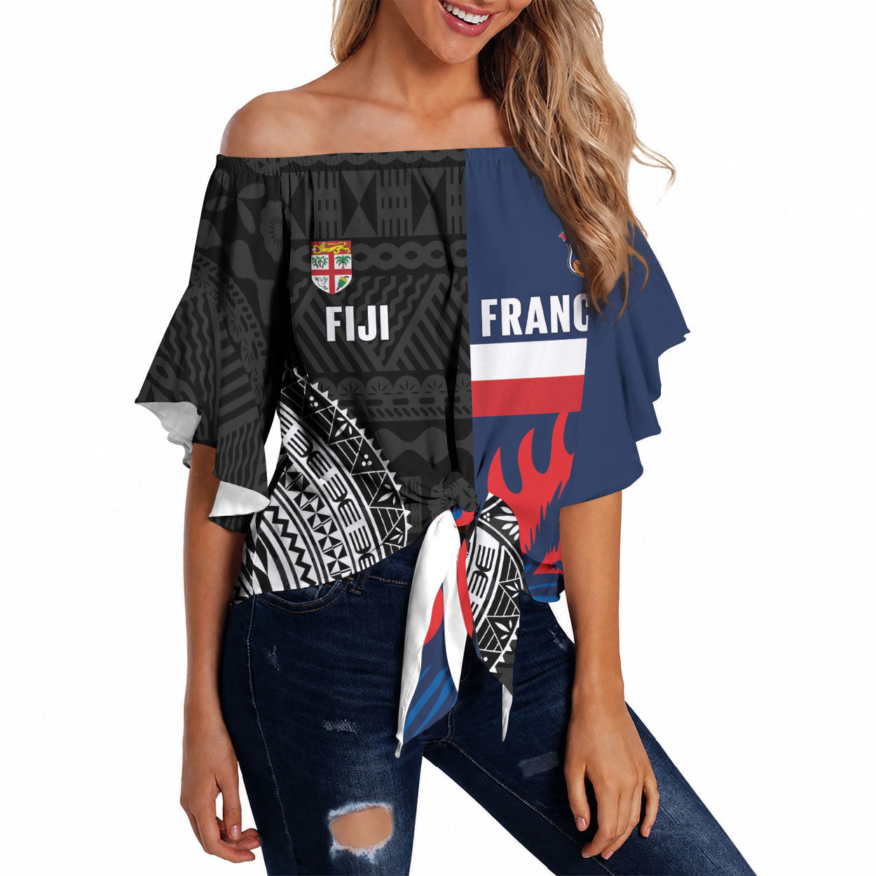 Fiji and France Rugby Custom Off Shoulder Wrap Waist Top Flying Fijian Les Bleus Together LT14 Multicolor - Polynesian Pride