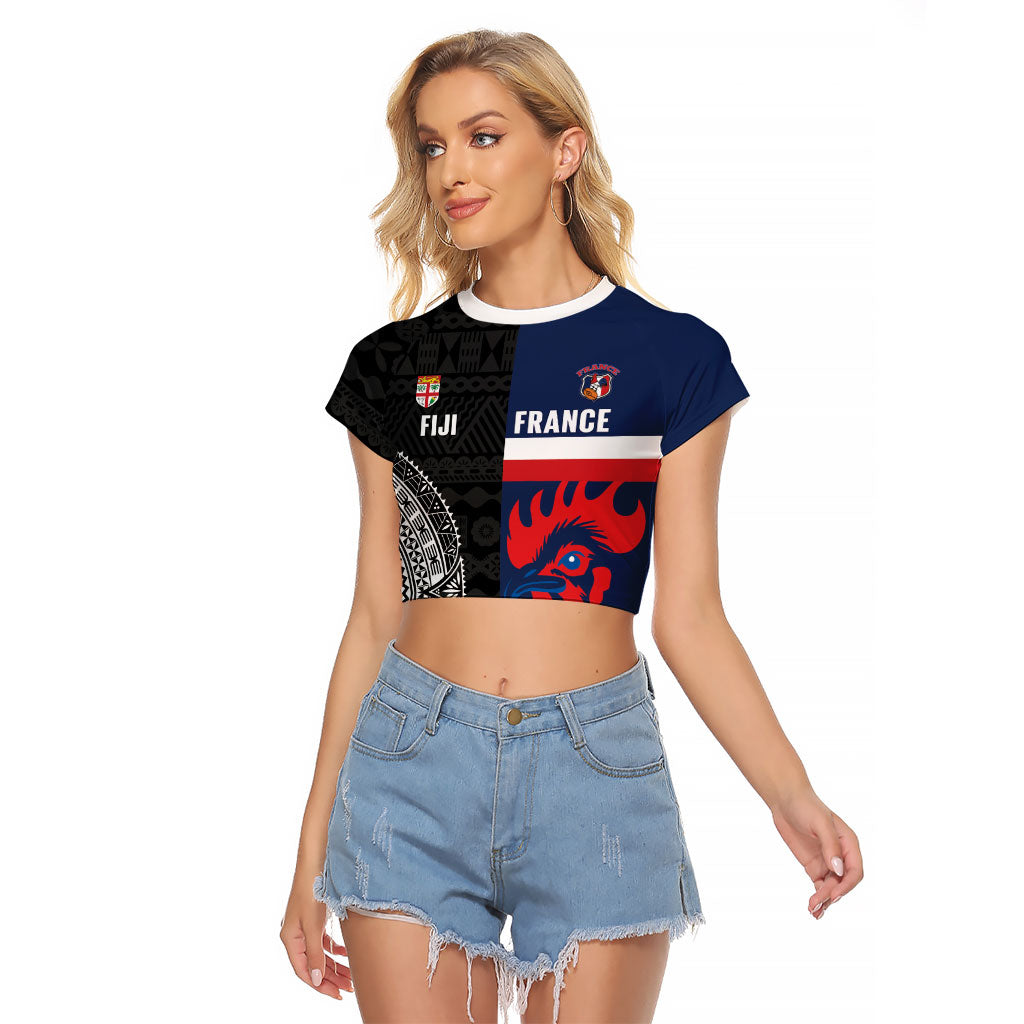 Fiji and France Rugby Custom Raglan Cropped T Shirt Flying Fijian Les Bleus Together LT14 Female Multicolor - Polynesian Pride