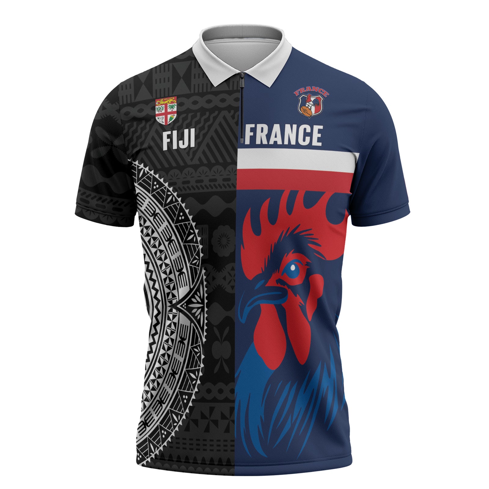 Fiji and France Rugby Custom Zipper Polo Shirt Flying Fijian Les Bleus Together LT14 Multicolor - Polynesian Pride