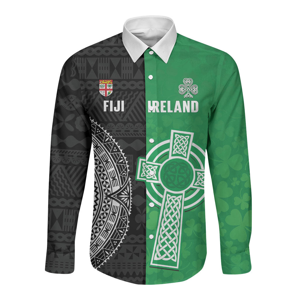 Fiji and Ireland Rugby Custom Long Sleeve Button Shirt Flying Fijian Irish Shamrocks Together LT14 Unisex Multicolor - Polynesian Pride