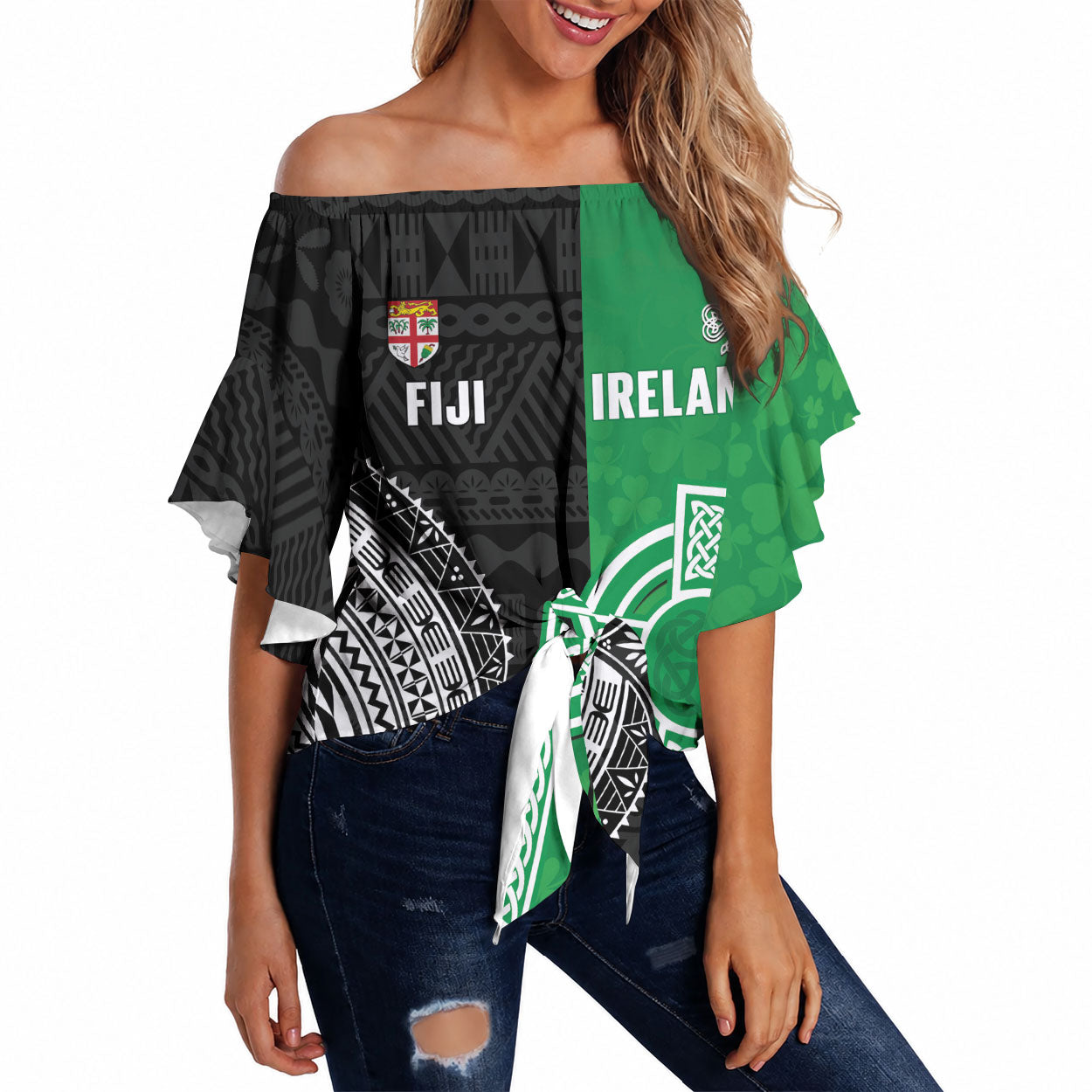 Fiji and Ireland Rugby Custom Off Shoulder Wrap Waist Top Flying Fijian Irish Shamrocks Together LT14 Multicolor - Polynesian Pride