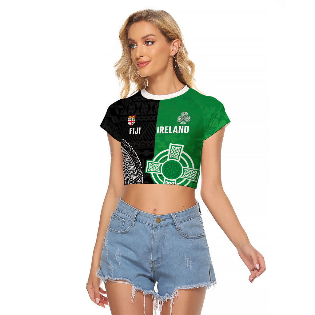 Fiji and Ireland Rugby Custom Raglan Cropped T Shirt Flying Fijian Irish Shamrocks Together LT14 Female Multicolor - Polynesian Pride