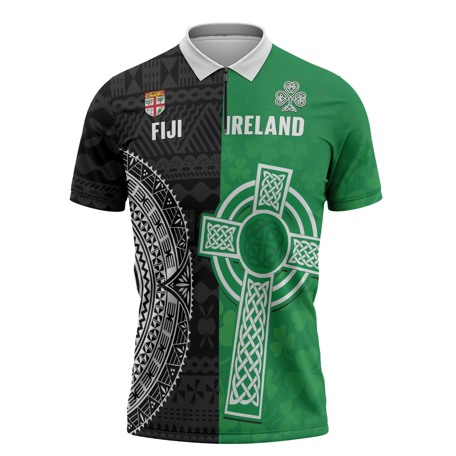 Fiji and Ireland Rugby Custom Zipper Polo Shirt Flying Fijian Irish Shamrocks Together LT14 Multicolor - Polynesian Pride