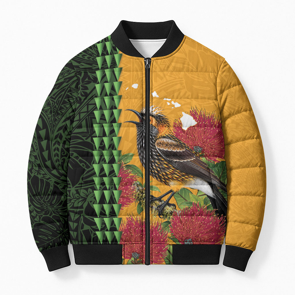 Personalized Hawaii Akohekohe Ohia Lehua Bomber Puffer Jacket Crested Honeycreeper Kakau Hawaiian Pattern LT14 Unisex Orange - Polynesian Pride