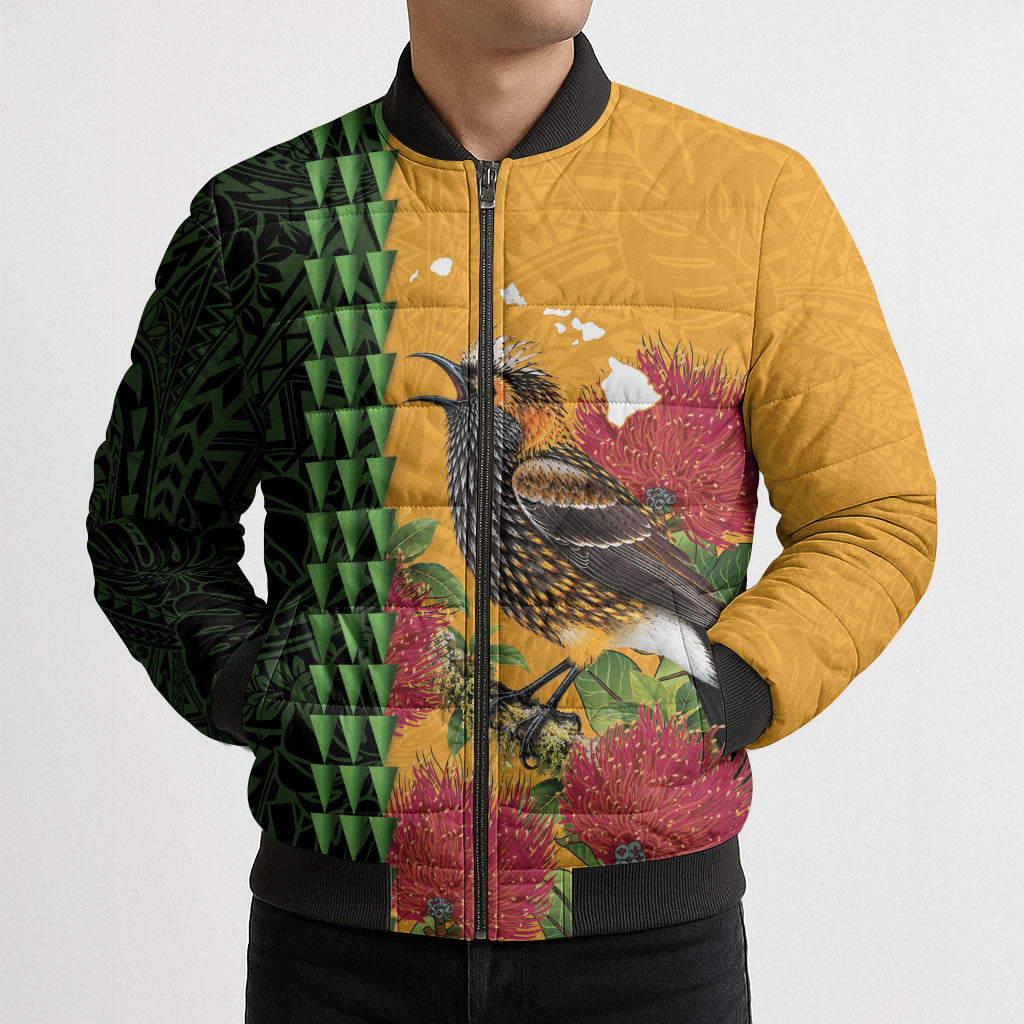 Personalized Hawaii Akohekohe Ohia Lehua Bomber Puffer Jacket Crested Honeycreeper Kakau Hawaiian Pattern LT14 - Polynesian Pride