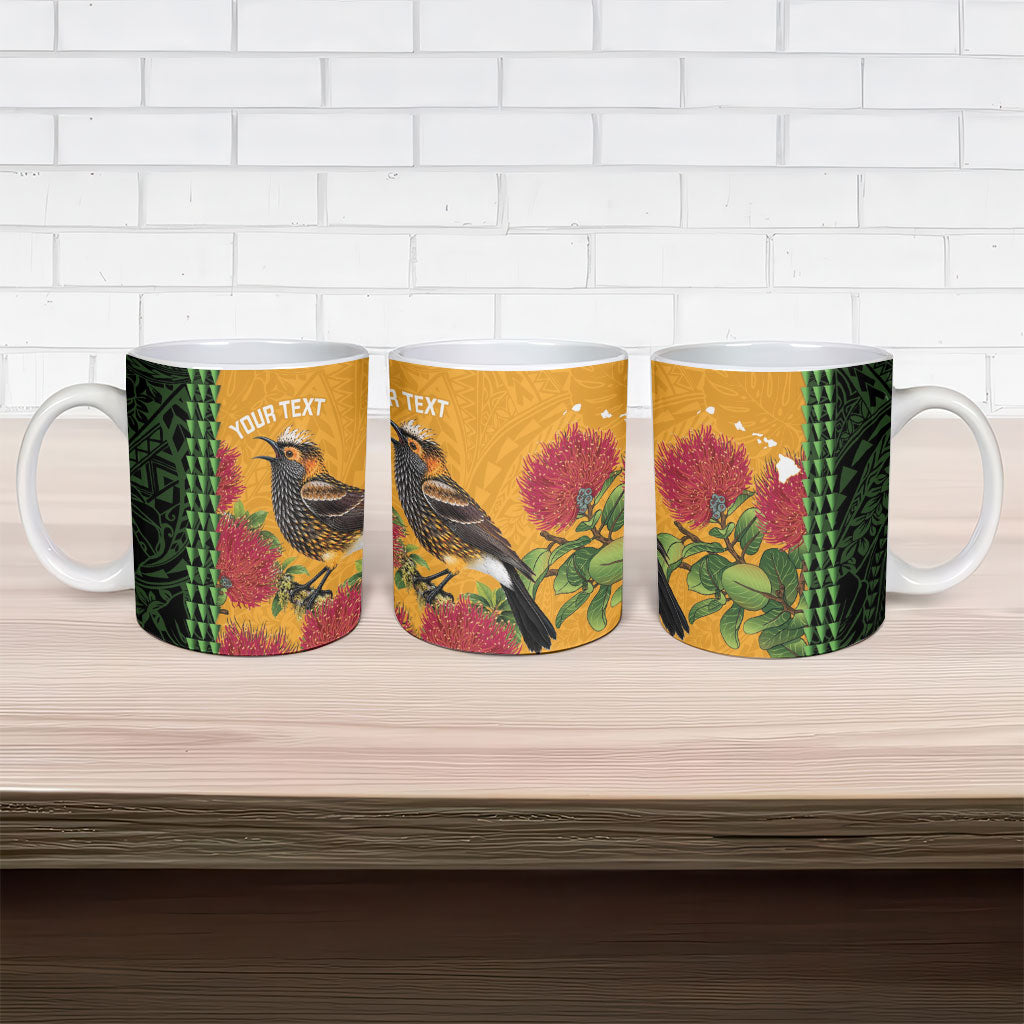 Personalized Hawaii Akohekohe Ohia Lehua Ceramic Mug Crested Honeycreeper Kakau Hawaiian Pattern