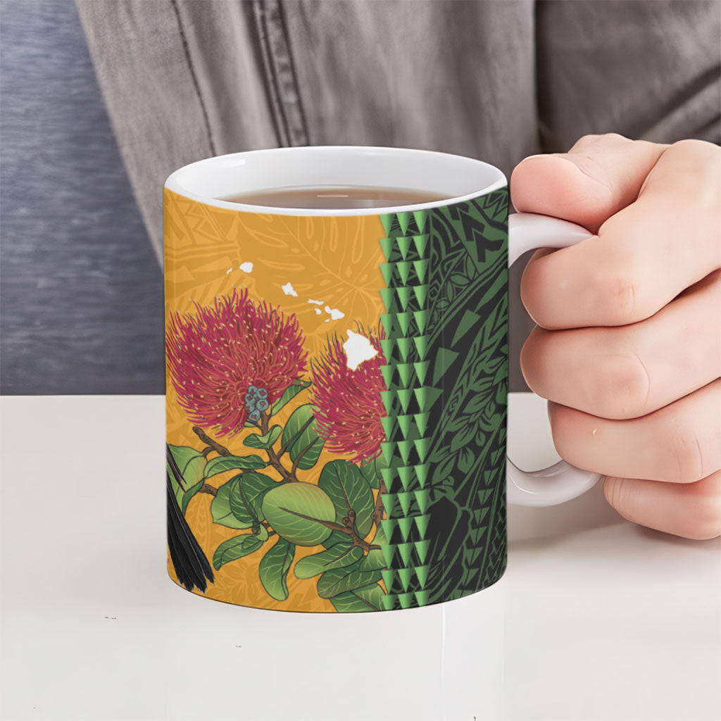 Personalized Hawaii Akohekohe Ohia Lehua Ceramic Mug Crested Honeycreeper Kakau Hawaiian Pattern