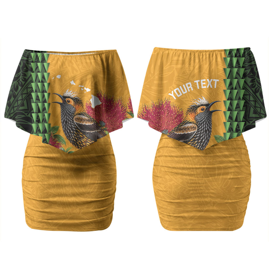 Personalized Hawaii Akohekohe Ohia Lehua Couples Matching Off Shoulder Short Dress and Long Sleeve Button Shirt Crested Honeycreeper Kakau Hawaiian Pattern LT14 - Polynesian Pride