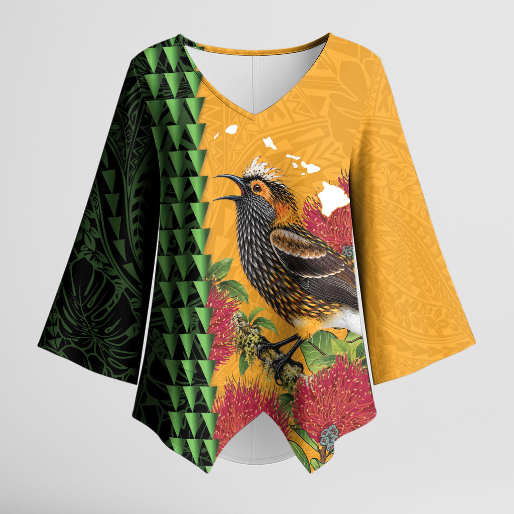 Personalized Hawaii Akohekohe Ohia Lehua Kimono Sleeve Blouse Crested Honeycreeper Kakau Hawaiian Pattern LT14 Female Orange - Polynesian Pride