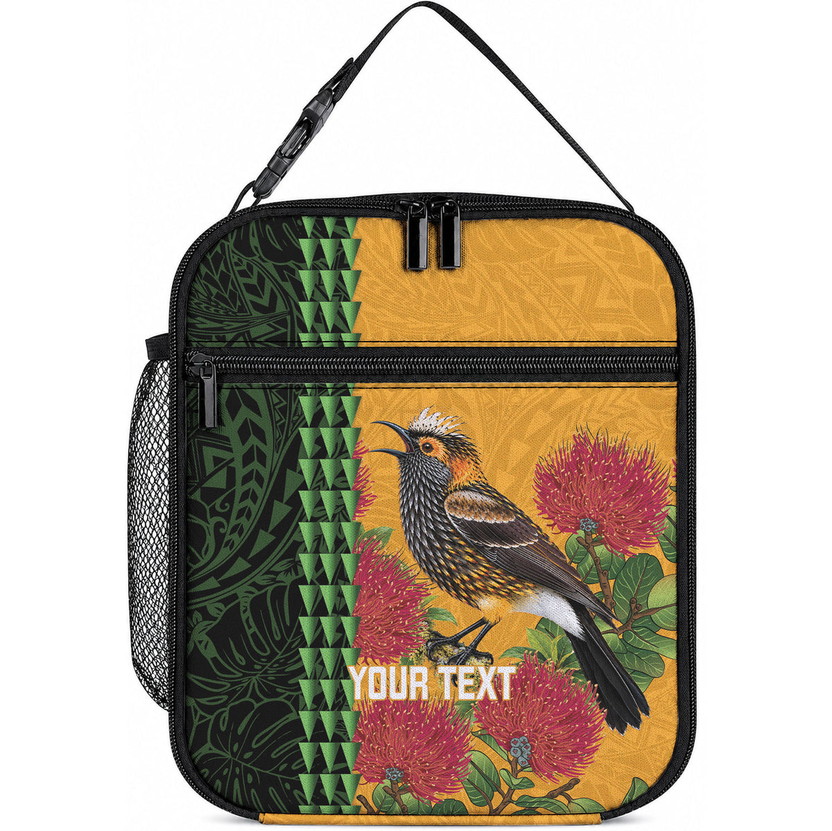 Personalized Hawaii Akohekohe Ohia Lehua Lunch Bag Crested Honeycreeper Kakau Hawaiian Pattern