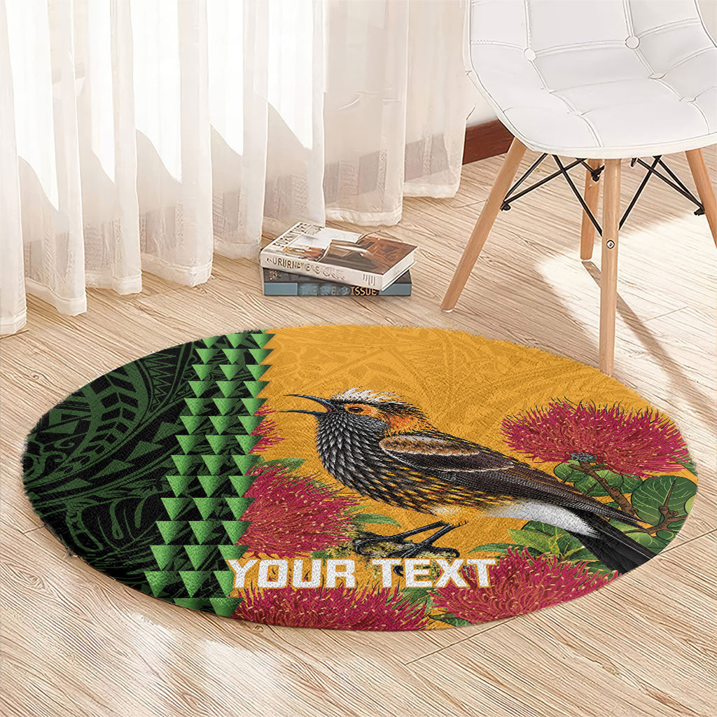 Personalized Hawaii Akohekohe Ohia Lehua Round Carpet Crested Honeycreeper Kakau Hawaiian Pattern