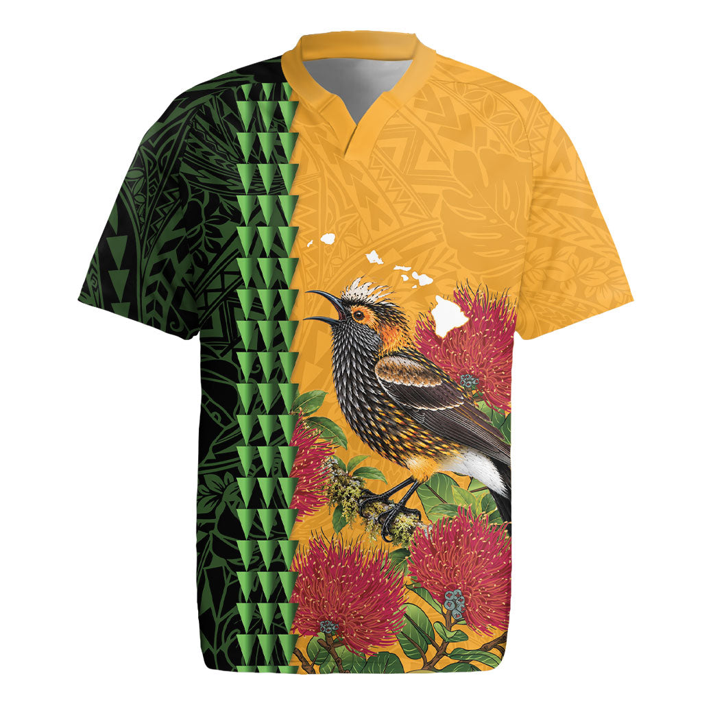 Personalized Hawaii Akohekohe Ohia Lehua Rugby Jersey Crested Honeycreeper Kakau Hawaiian Pattern LT14 Orange - Polynesian Pride