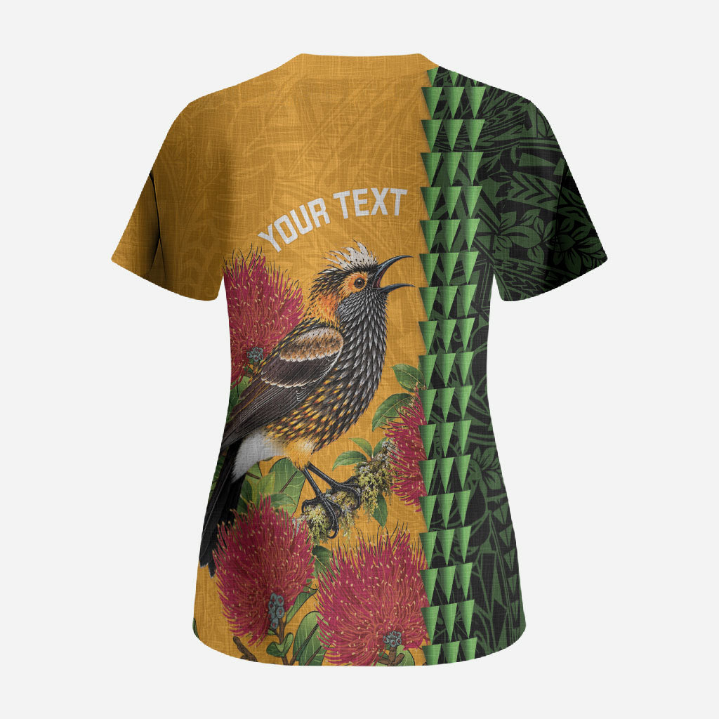 Personalized Hawaii Akohekohe Ohia Lehua Scrub Top Crested Honeycreeper Kakau Hawaiian Pattern