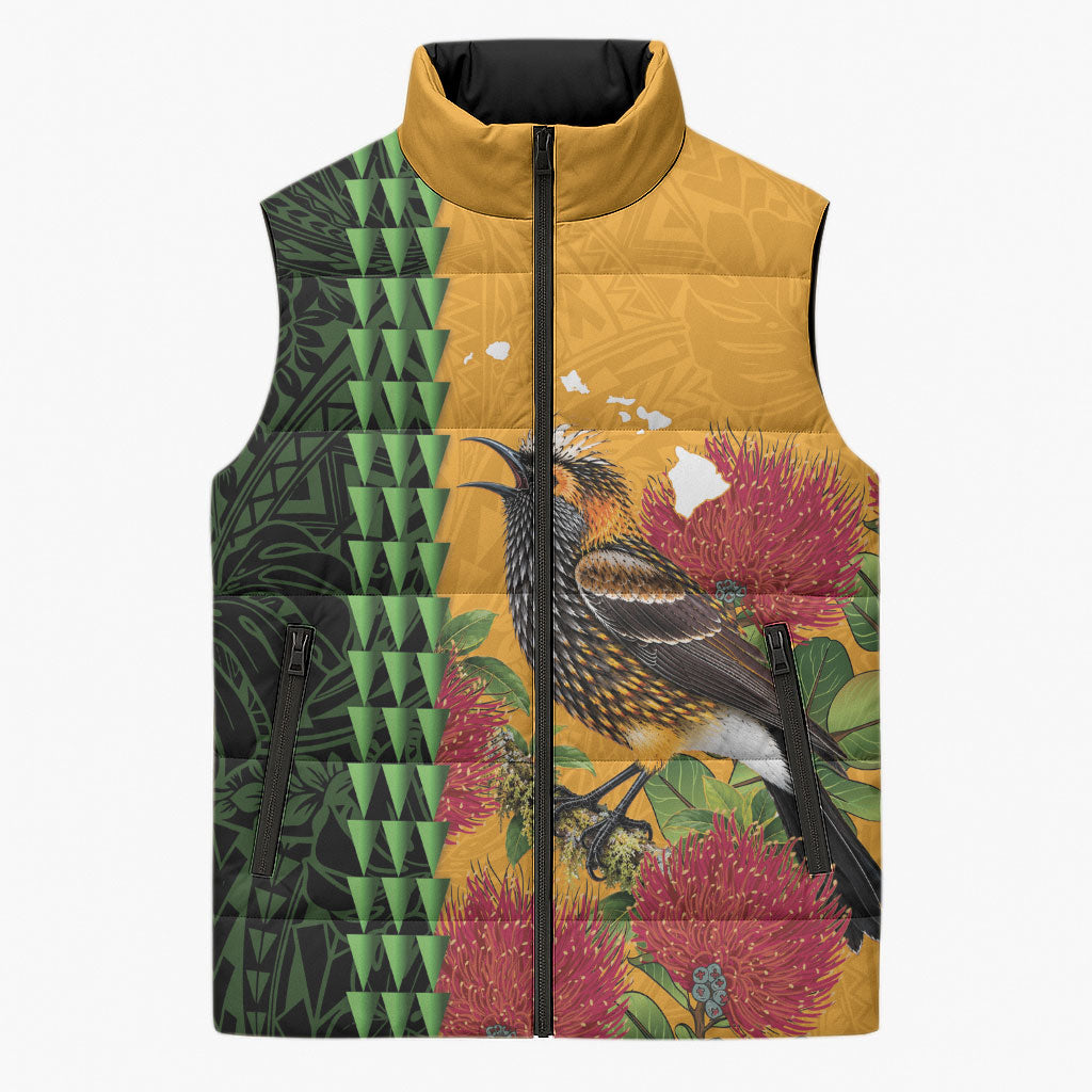 Personalized Hawaii Akohekohe Ohia Lehua Sleeveless Puffer Jacket Crested Honeycreeper Kakau Hawaiian Pattern