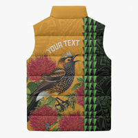 Personalized Hawaii Akohekohe Ohia Lehua Sleeveless Puffer Jacket Crested Honeycreeper Kakau Hawaiian Pattern