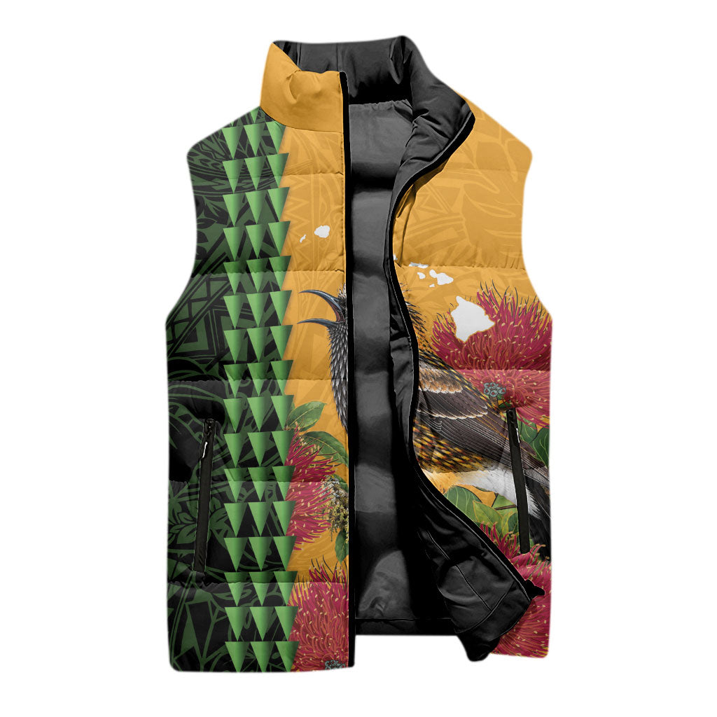 Personalized Hawaii Akohekohe Ohia Lehua Sleeveless Puffer Jacket Crested Honeycreeper Kakau Hawaiian Pattern