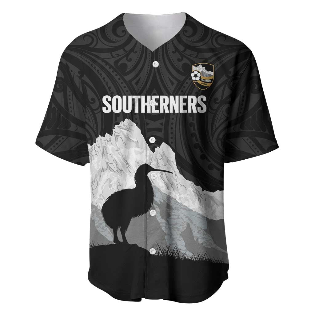New Zealand South Island Football Custom Baseball Jersey Aoraki Mount Cook With Kiwi Maori Pattern LT14 Black - Polynesian Pride