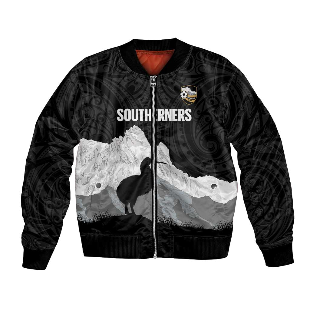 New Zealand South Island Football Custom Bomber Jacket Aoraki Mount Cook With Kiwi Maori Pattern LT14 Unisex Black - Polynesian Pride