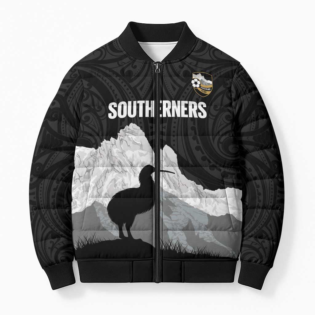New Zealand South Island Football Custom Bomber Puffer Jacket Aoraki Mount Cook With Kiwi Maori Pattern LT14 Unisex Black - Polynesian Pride