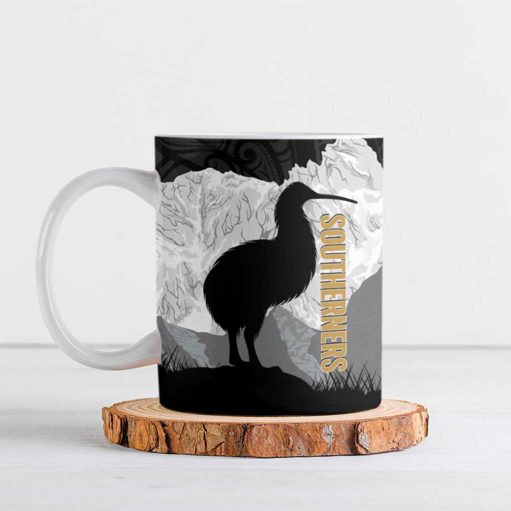 New Zealand South Island Football Custom Ceramic Mug Aoraki Mount Cook With Kiwi Maori Pattern LT14 Black - Polynesian Pride