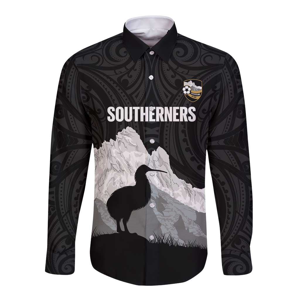 New Zealand South Island Football Custom Long Sleeve Button Shirt Aoraki Mount Cook With Kiwi Maori Pattern LT14 Unisex Black - Polynesian Pride