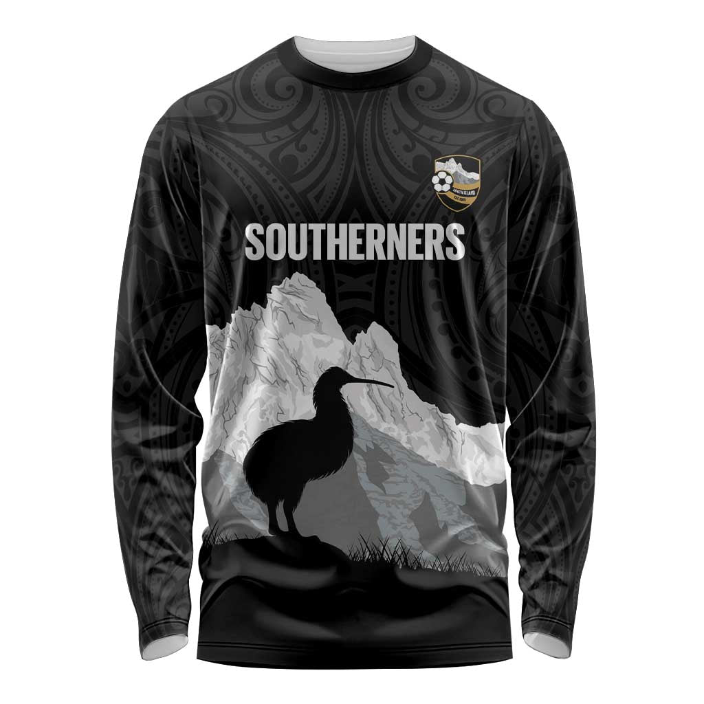 New Zealand South Island Football Custom Long Sleeve Shirt Aoraki Mount Cook With Kiwi Maori Pattern LT14 Unisex Black - Polynesian Pride