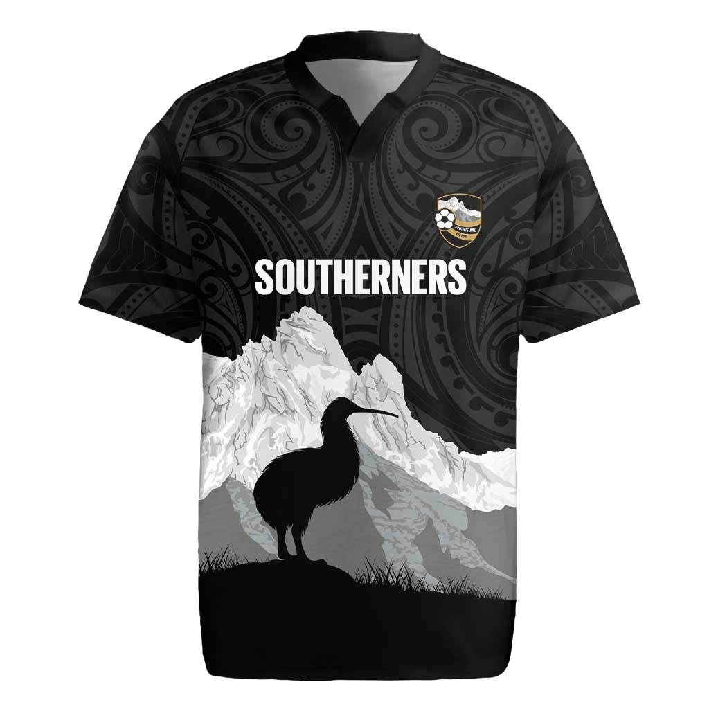 New Zealand South Island Football Custom Rugby Jersey Aoraki Mount Cook With Kiwi Maori Pattern LT14 Black - Polynesian Pride