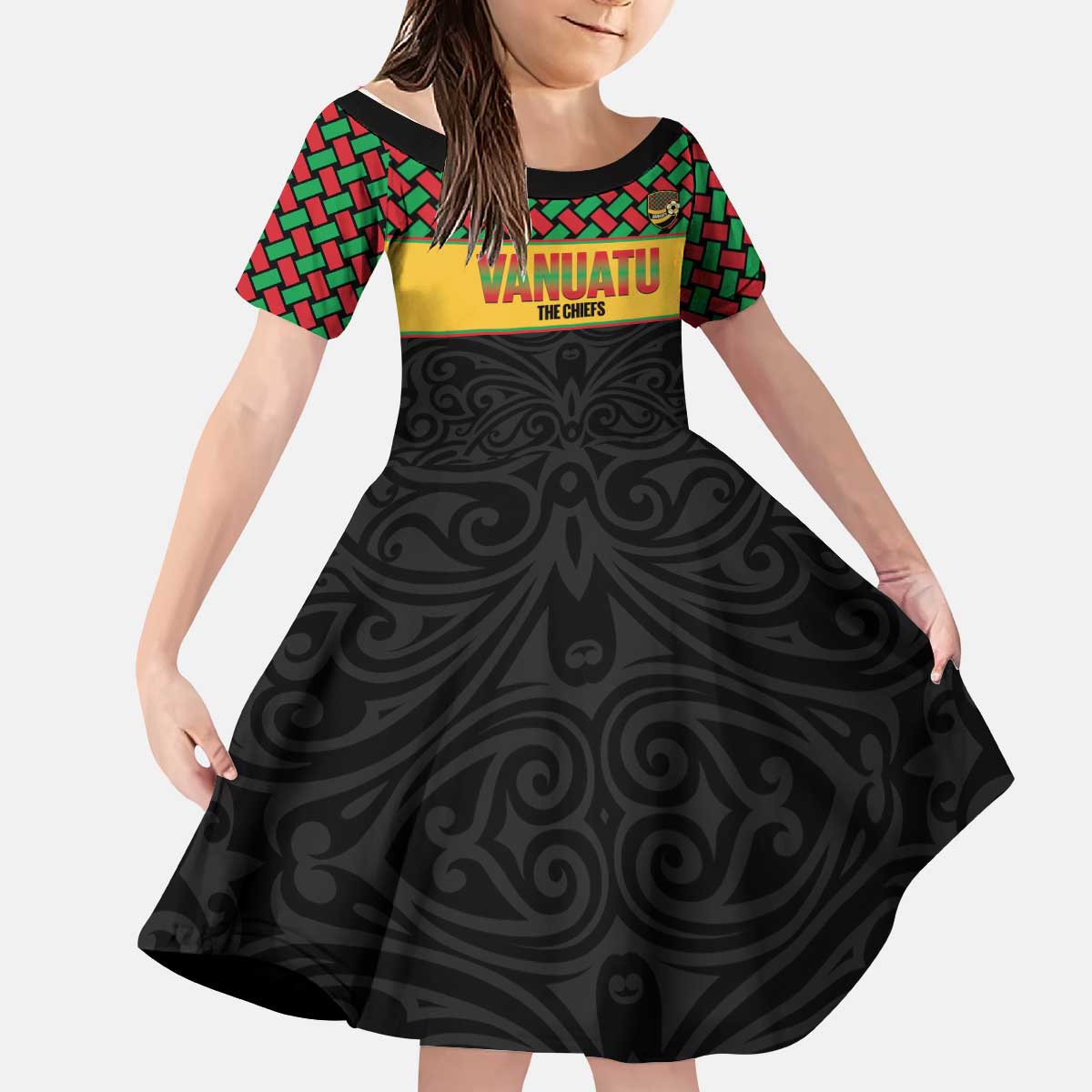 Vanuatu Football Custom Kid Short Sleeve Dress Go Chiefs Basket-weave Pattern LT14 KID Black - Polynesian Pride