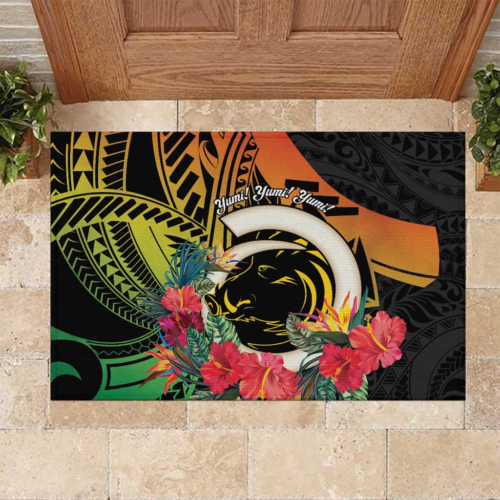 Vanuatu Boar Tusk Yumi Yumi Yumi Rubber Doormat Independens Dei Long God Yumi Stanap LT14 Black - Polynesian Pride
