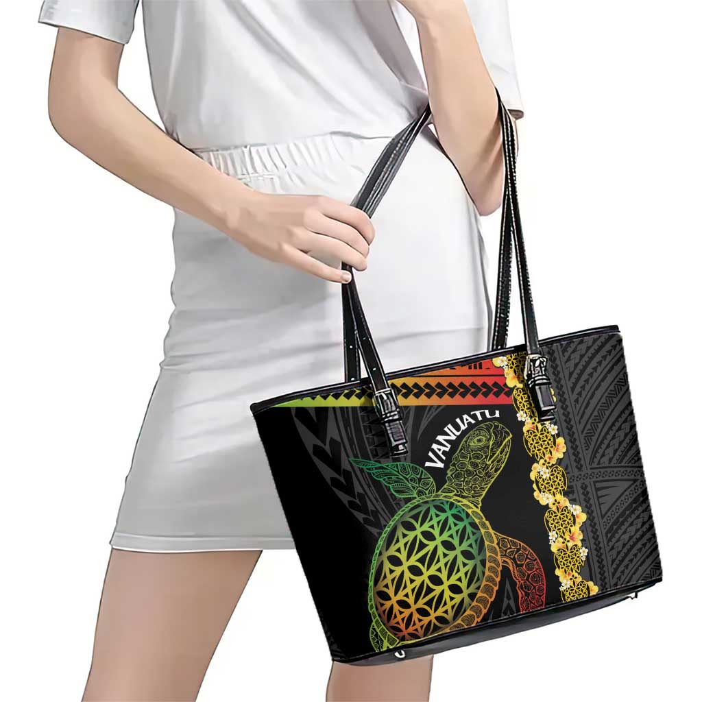 Vanuatu Sand Drawing Turtle Leather Tote Bag Happy Independence Day LT14 - Polynesian Pride