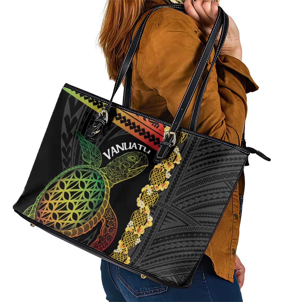 Vanuatu Sand Drawing Turtle Leather Tote Bag Happy Independence Day LT14 - Polynesian Pride