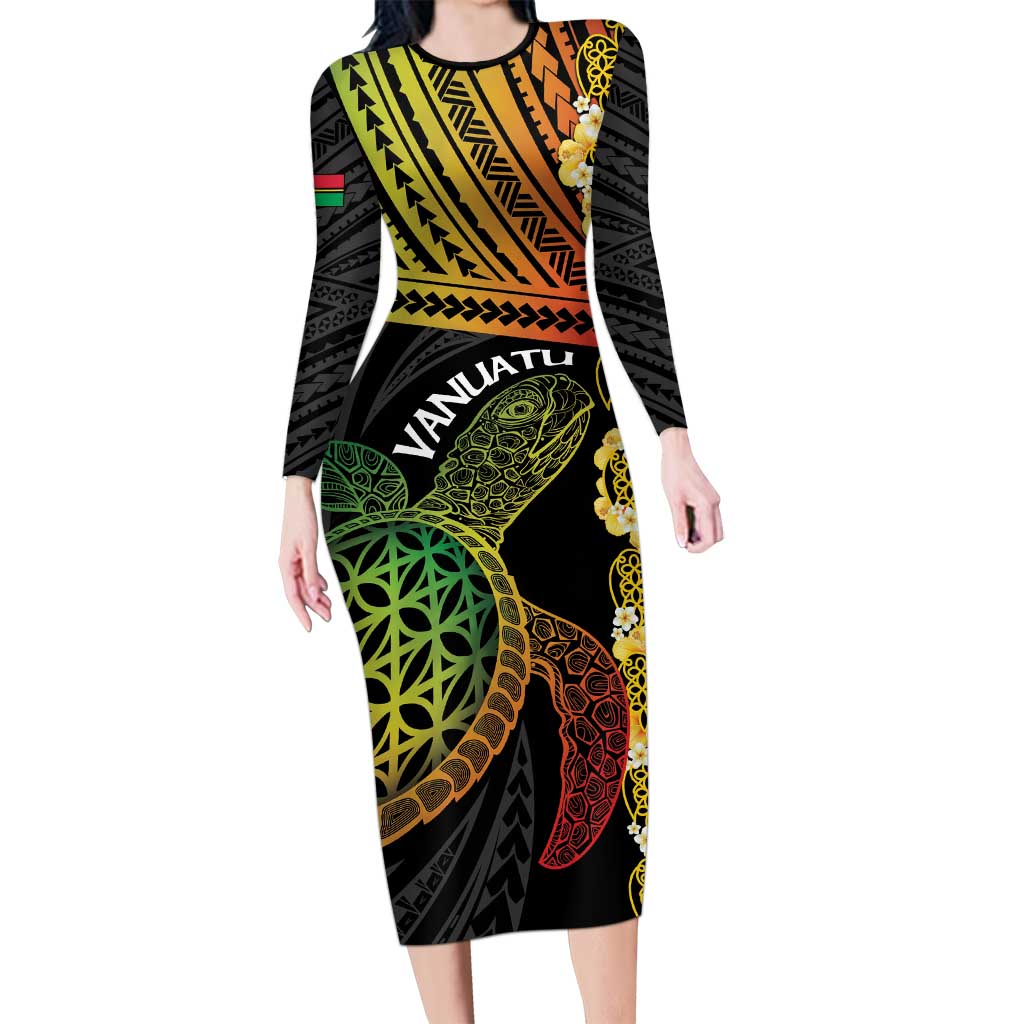 Vanuatu Sand Drawing Turtle Long Sleeve Bodycon Dress Happy Independence Day LT14 Long Dress Black - Polynesian Pride