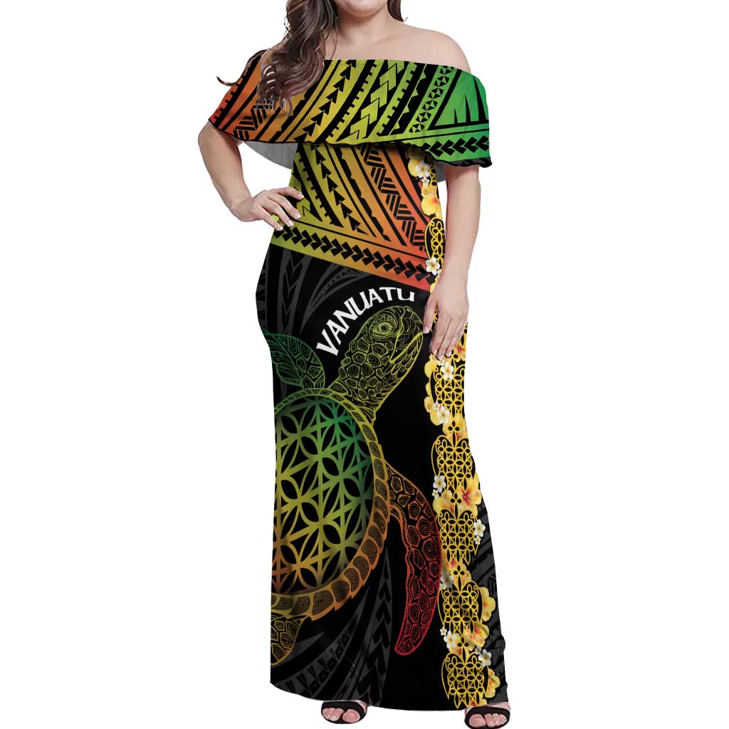 Vanuatu Sand Drawing Turtle Off Shoulder Maxi Dress Happy Independence Day LT14 Women Black - Polynesian Pride