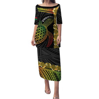 Vanuatu Sand Drawing Turtle Puletasi Happy Independence Day LT14 Long Dress Black - Polynesian Pride
