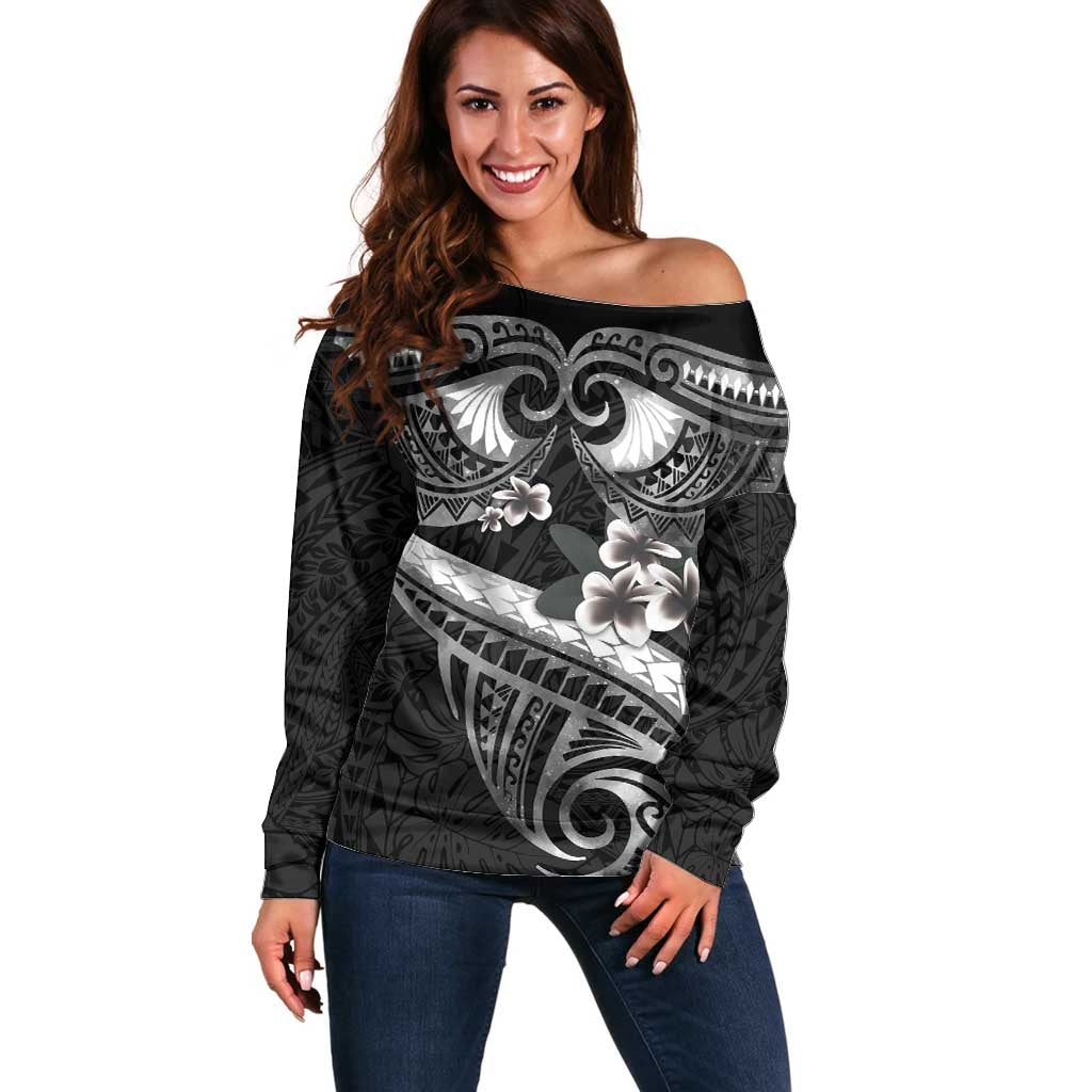 Black Polynesia Off Shoulder Sweater Tribal Pattern Tropical Frangipani LT14 Women Black - Polynesian Pride