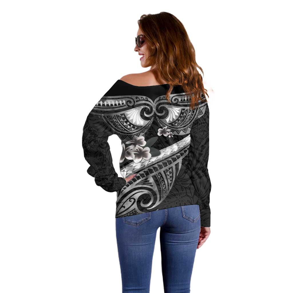 Black Polynesia Off Shoulder Sweater Tribal Pattern Tropical Frangipani LT14 - Polynesian Pride