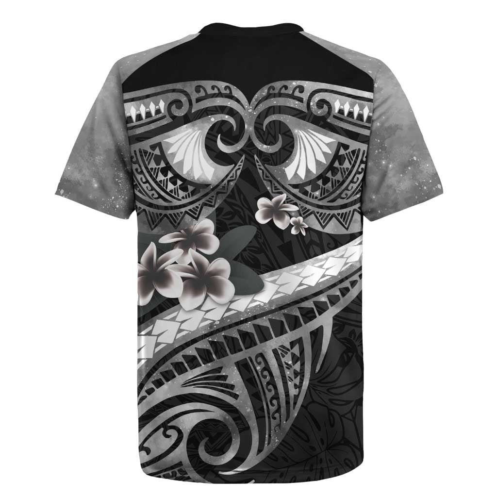 Black Polynesia Rugby Jersey Tribal Pattern Tropical Frangipani LT14 - Polynesian Pride