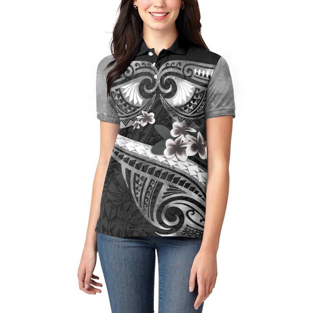 Black Polynesia Women Polo Shirt Tribal Pattern Tropical Frangipani LT14 - Polynesian Pride