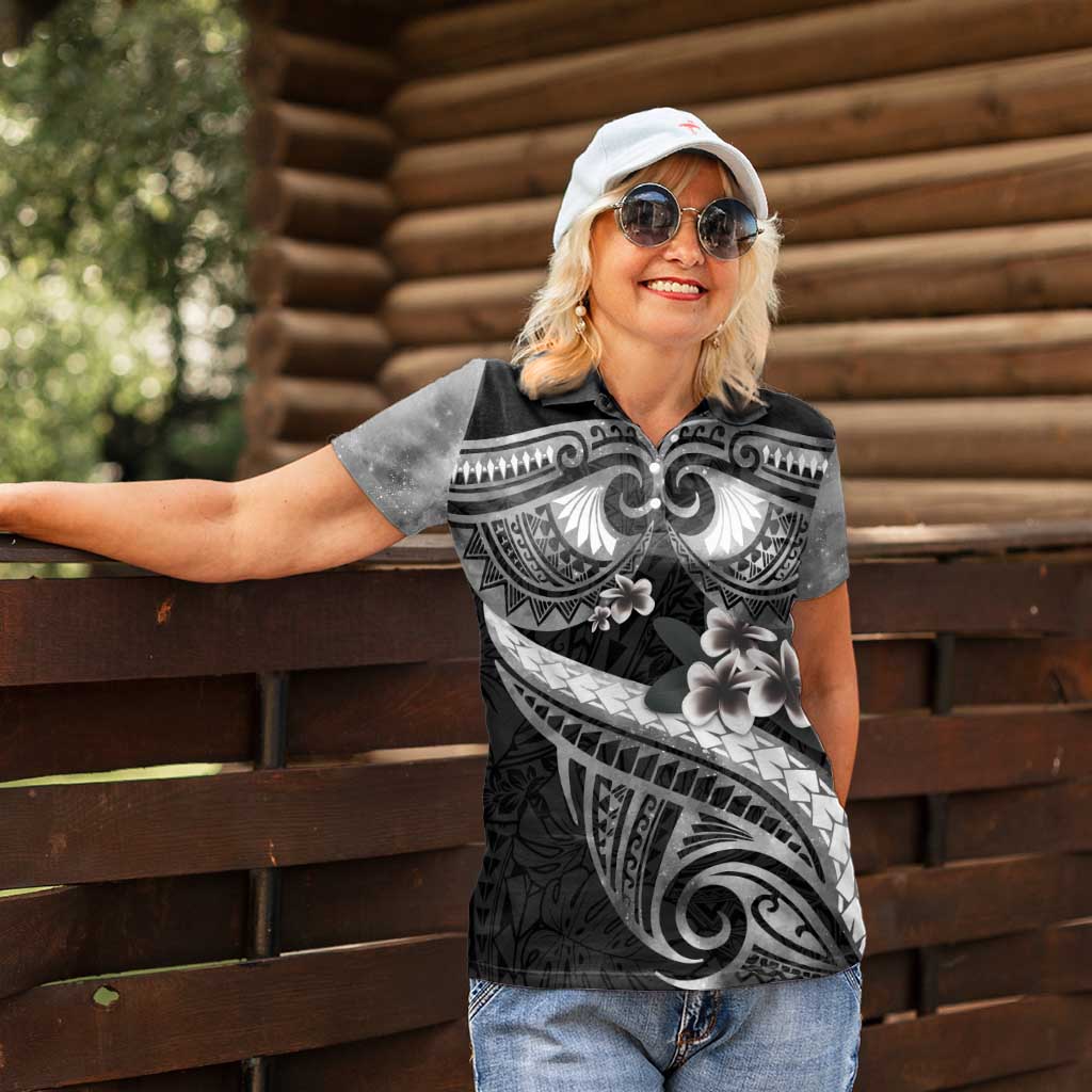 Black Polynesia Women Polo Shirt Tribal Pattern Tropical Frangipani LT14 - Polynesian Pride