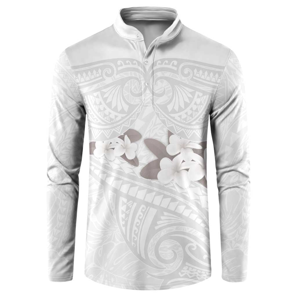 White Polynesia Button Sweatshirt Tribal Pattern Tropical Frangipani LT14 White - Polynesian Pride